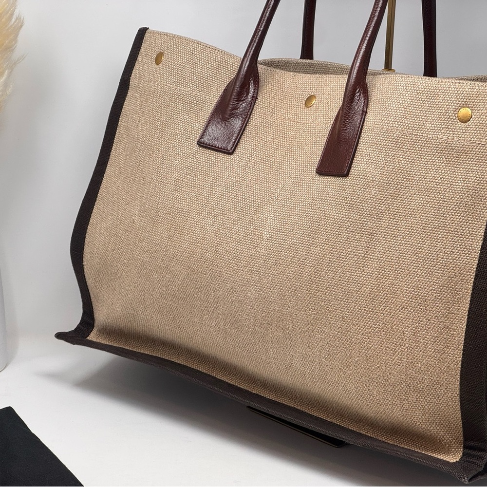 💯 Authentic SAINT LAURENT Linen Calfskin Rive Gauche Tote Natural - Picture 5 of 9